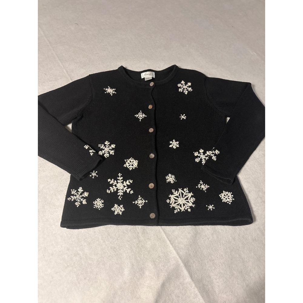 Foxcroft‎ Black Snowflake Embroidered Cardigan Sweater Womens Size M